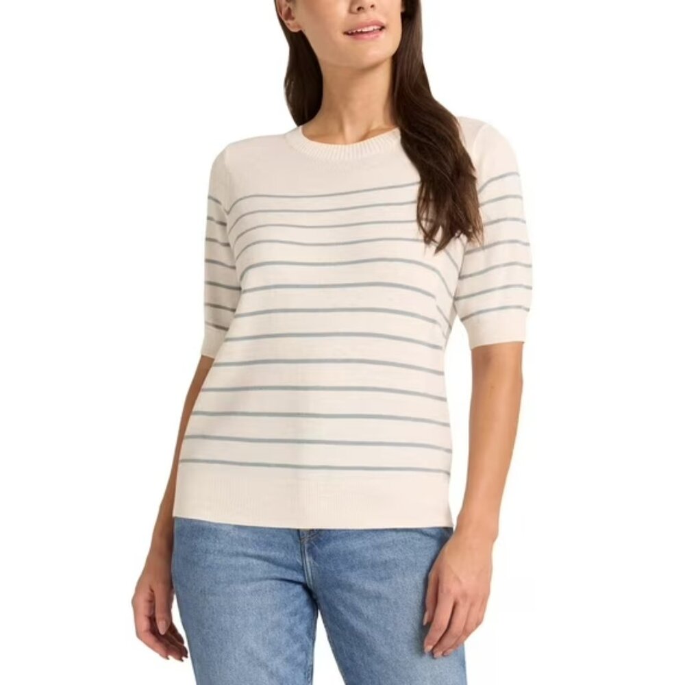 Matty M WOmen's Plus Size 2X Denim/Heather Oatmeal Short Sleeve Sweater NWT